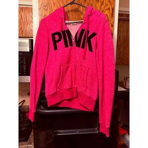 PINK Victoria's Secret Hoodie Zip Up Bright Pink Black Logo Size S‎